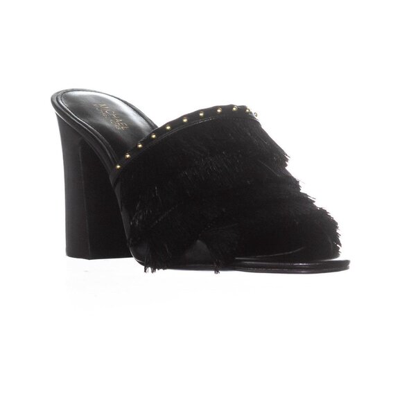 Michael Kors 11 Gallagher Black Fringe Chunky Heel 4.5" Sandals Mule Slide 7734 - Picture 1 of 15